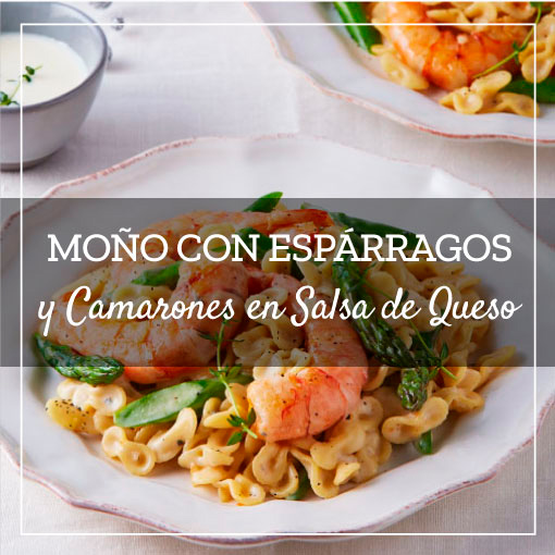 Moño con Espárragos y Camarones en Salsa de Queso