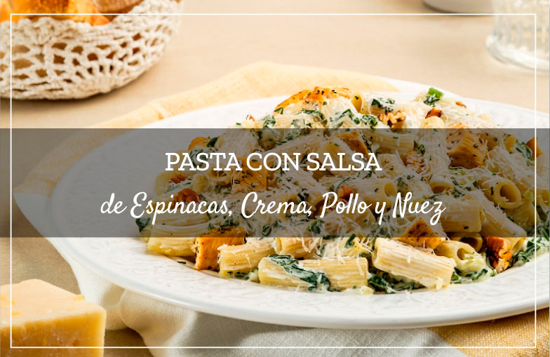 Pasta con Salsa de Espinacas, Crema, Pollo y Nuez