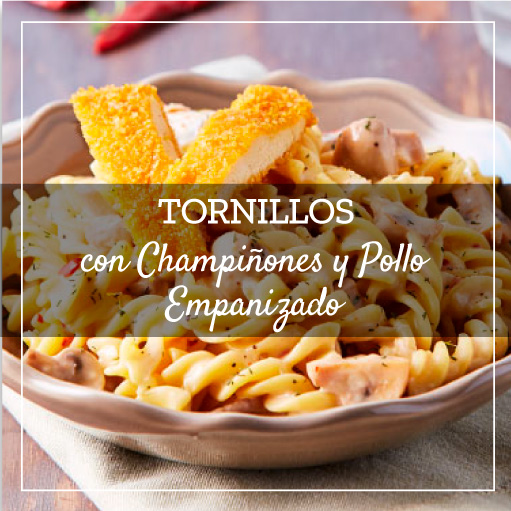 Tornillos con Champinones y Pollo Empanizado